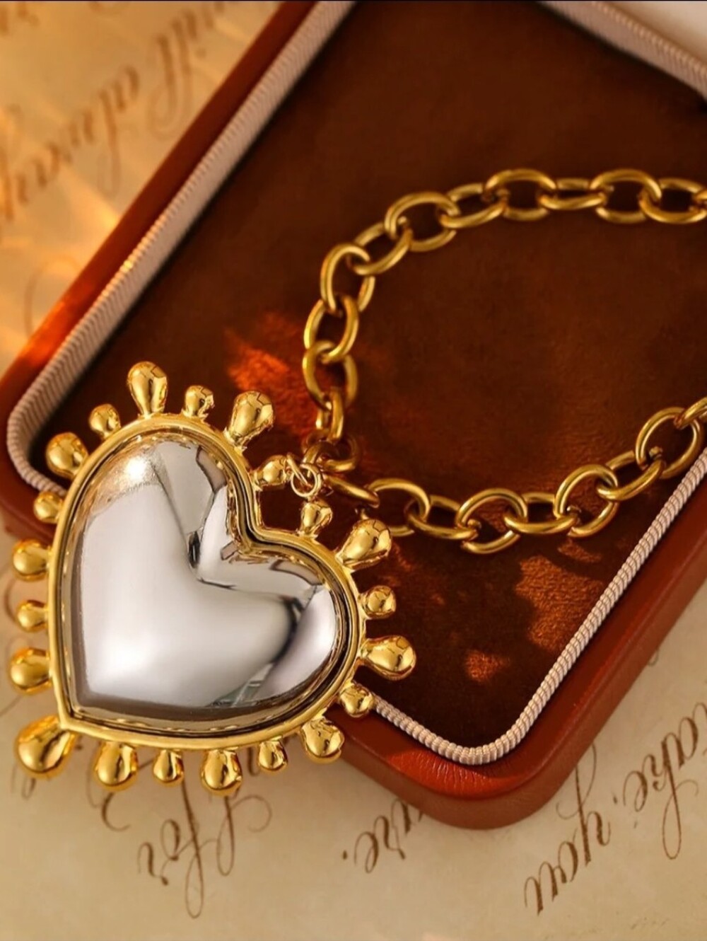Two Tone Puffy Heart Pendant Statement Necklace - Picture 3 of 16
